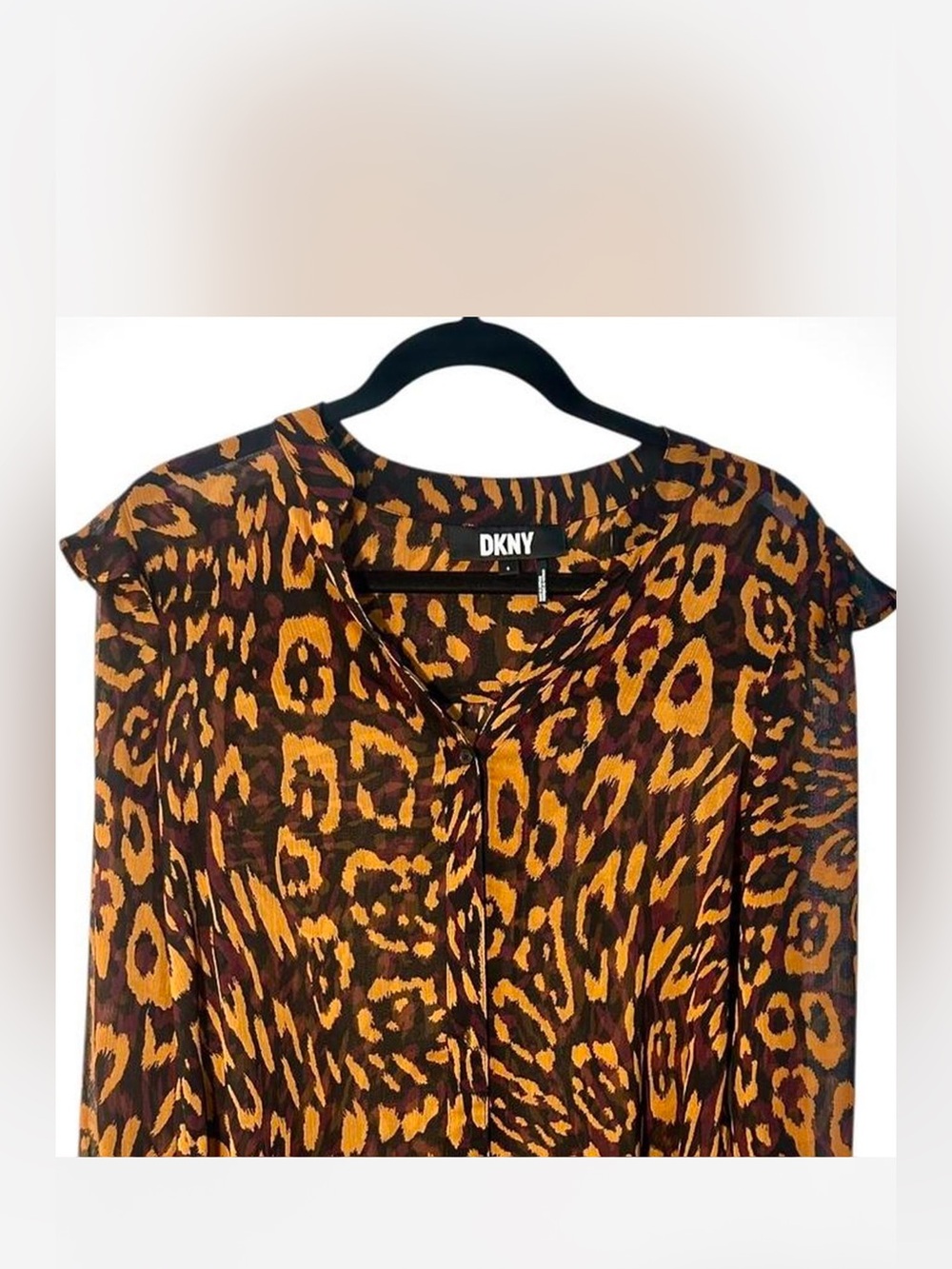 DKNY Leopard Print Blouse – Sheer Long Sleeve Top Size Small